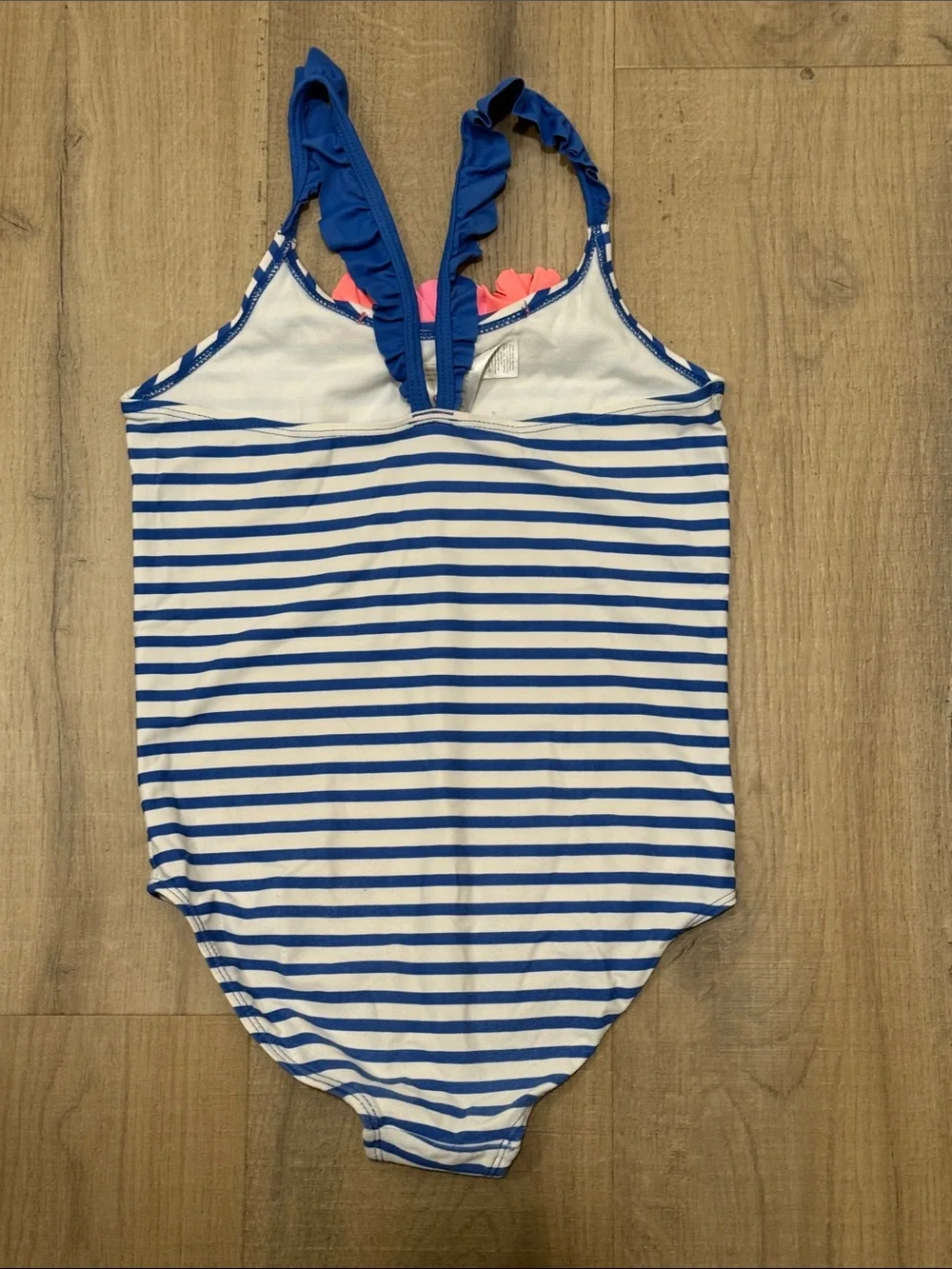 Girls Blue & White Striped One-Piece Swimsuit with Pink Flower Accents